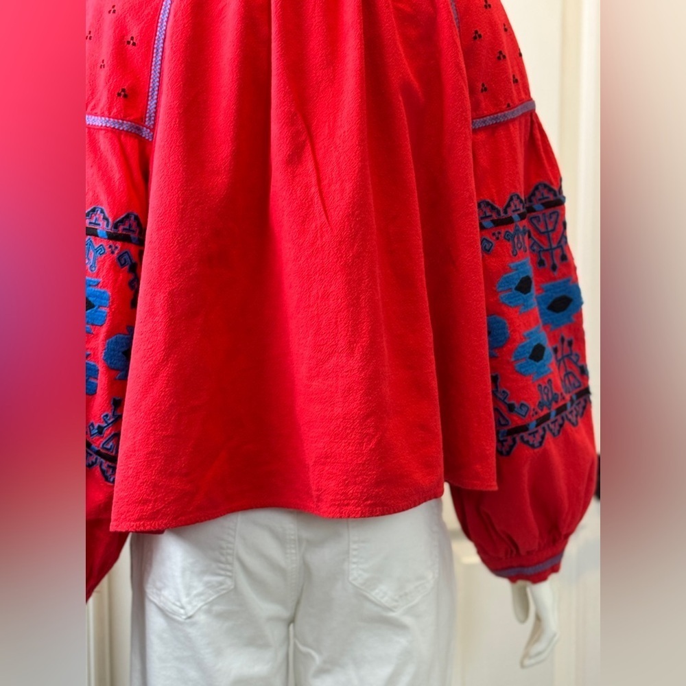 Free People Linen/Cotton Blend Vibrant Red Bohemian Jacket Blue Floral Accents L - Picture 12 of 15